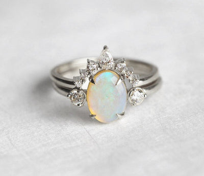 Three-Stone Oval Opal Ring with 2 Side Round White Diamonds and Crown Ring