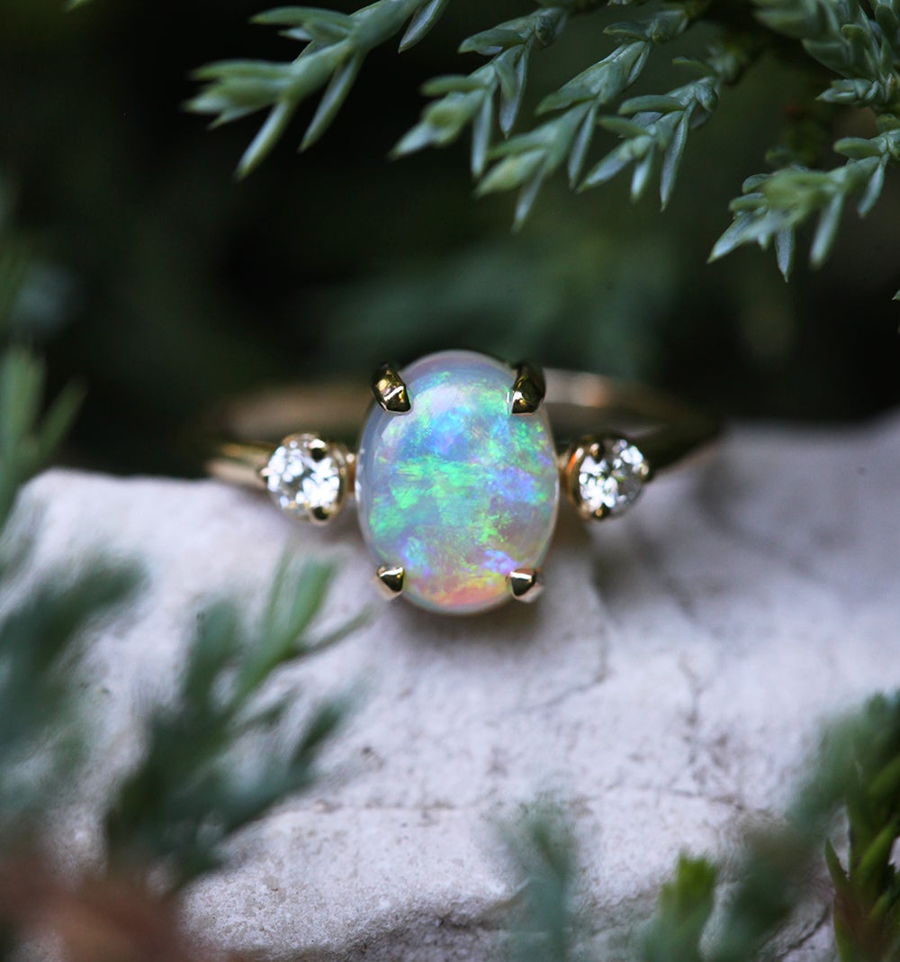 Three-Stone Oval Opal Ring with 2 Side Round White Diamonds