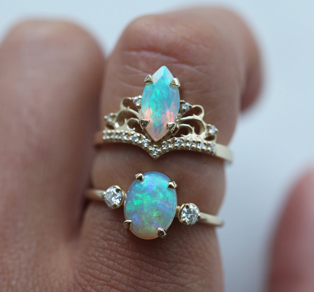 Three-Stone Oval Opal Ring with 2 Side Round White Diamonds and Vintage Opal Ring