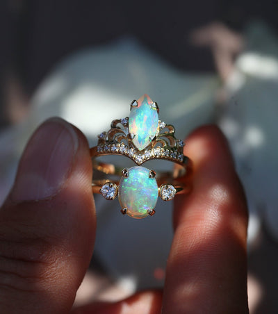 Three-Stone Oval Opal Ring with 2 Side Round White Diamonds and Vintage Opal Ring