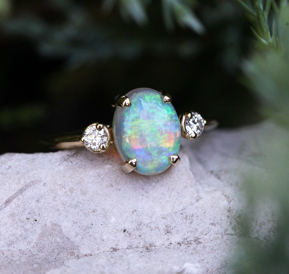 Three-Stone Oval Opal Ring with 2 Side Round White Diamonds