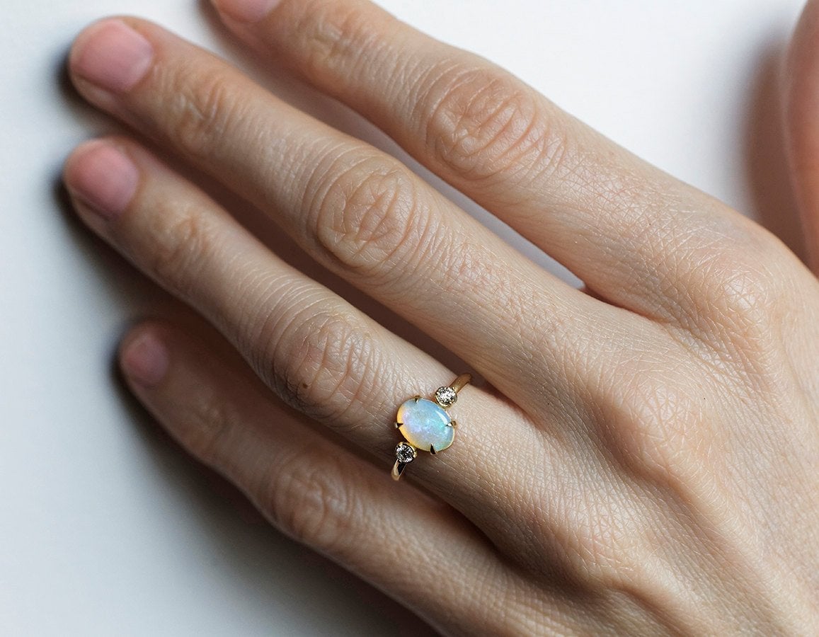 Three-Stone Oval Opal Ring with 2 Side Round White Diamonds
