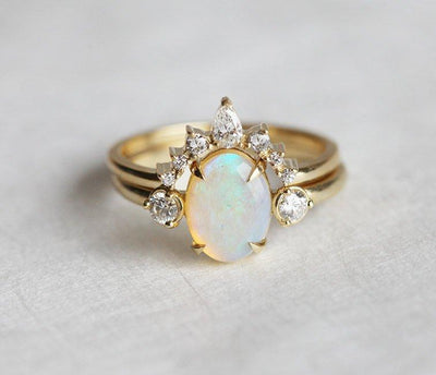 Three-Stone Oval Opal Ring with 2 Side Round White Diamonds and Crown Ring