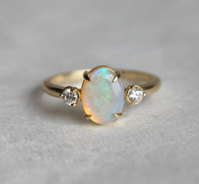 Three-Stone Oval Opal Ring with 2 Side Round White Diamonds