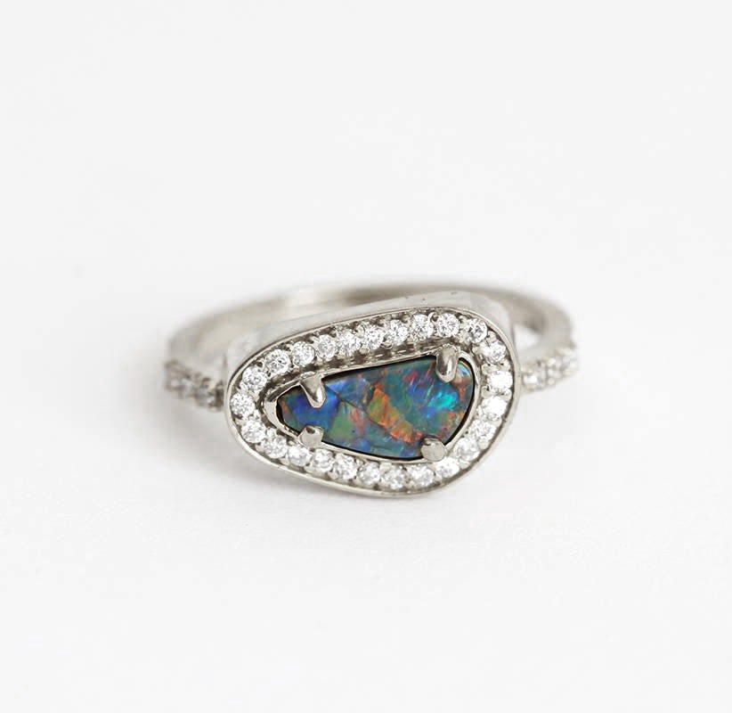 Unique Shape Black Opal Halo White Gold Ring with Round White Diamonds