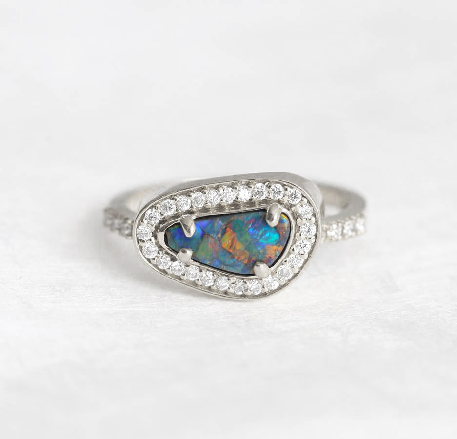 Unique Shape Black Opal Halo White Gold Ring with Round White Diamonds