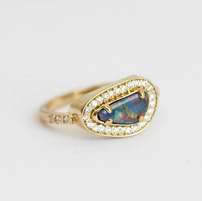 Unique Shape Black Opal Halo Yellow Gold Ring with Round White Diamonds