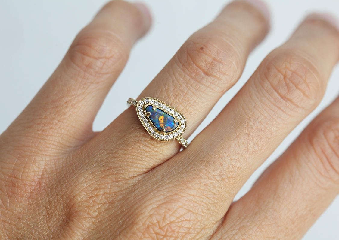 Unique Shape Black Opal Halo Yellow Gold Ring with Round White Diamonds