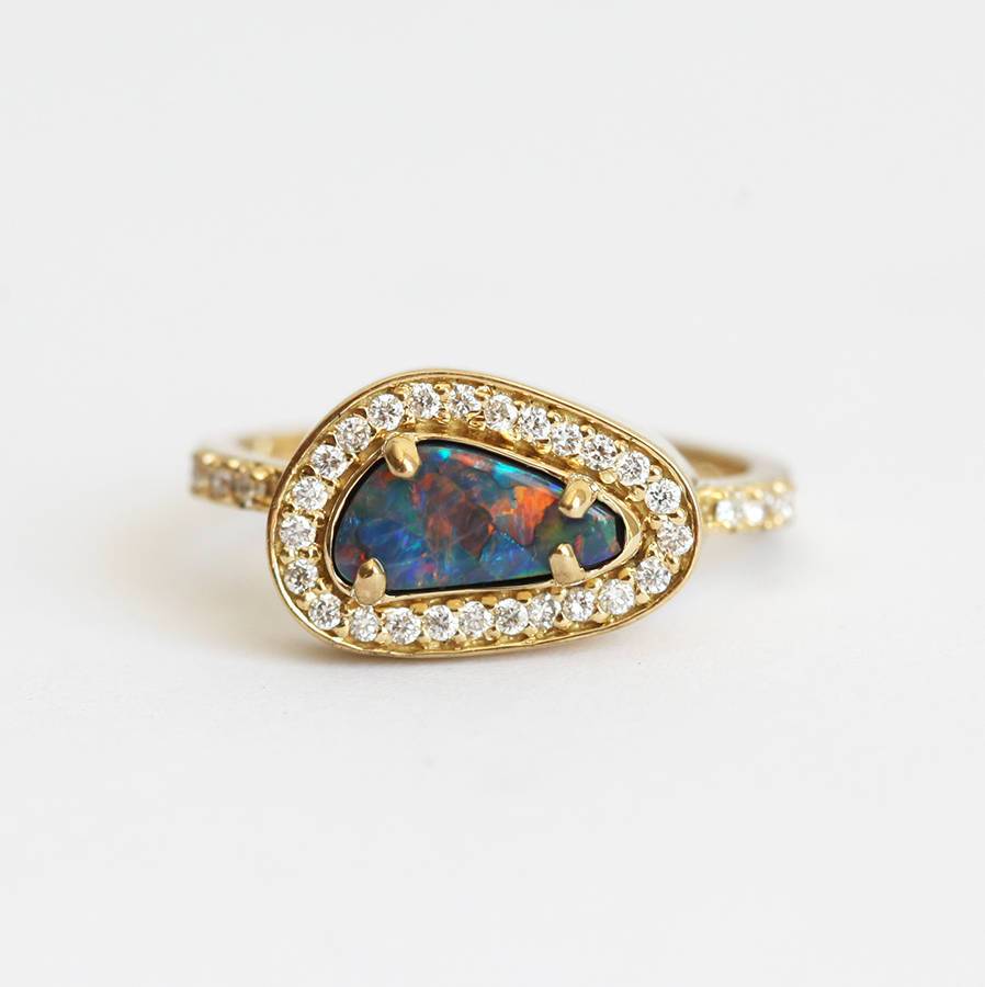 Unique Shape Black Opal Halo Yellow Gold Ring with Round White Diamonds