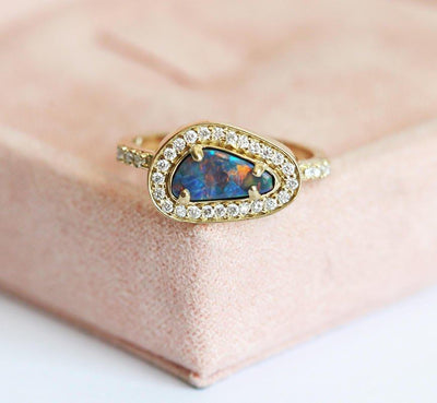 Unique Shape Black Opal Halo Yellow Gold Ring with Round White Diamonds