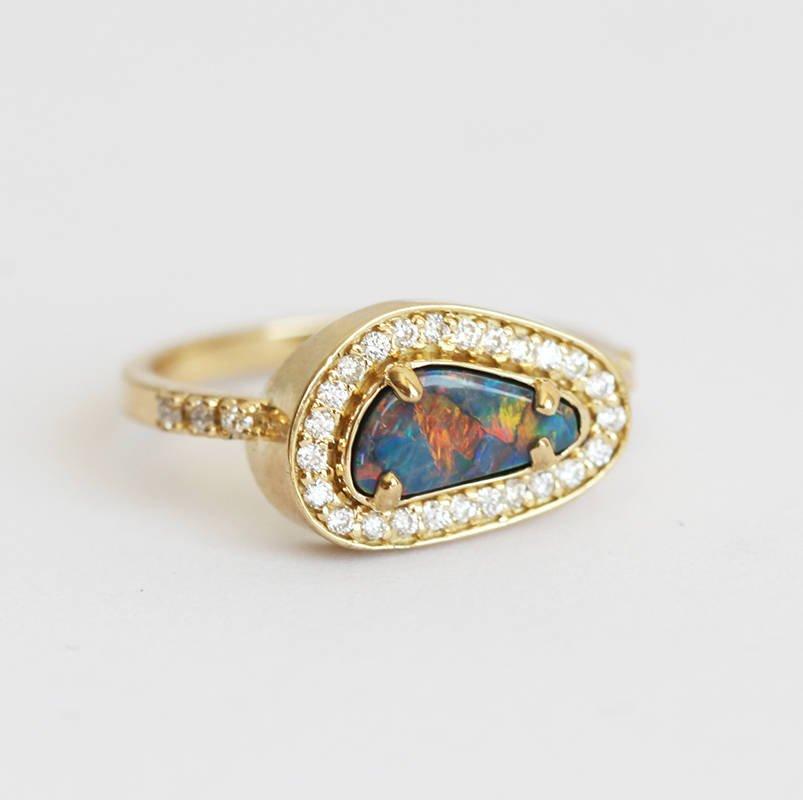 Unique Shape Black Opal Halo Yellow Gold Ring with Round White Diamonds