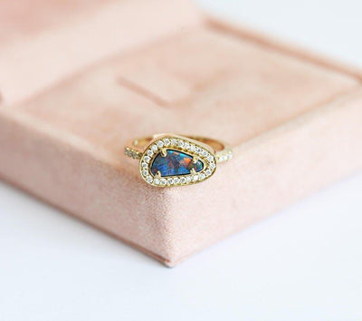 Unique Shape Black Opal Halo Yellow Gold Ring with Round White Diamonds