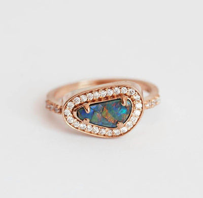 Unique Shape Black Opal Halo Rose Gold Ring with Round White Diamonds