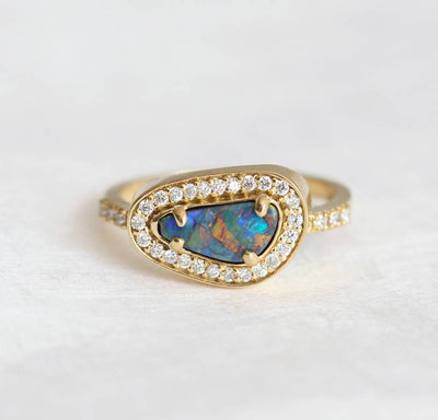 Unique Shape Black Opal Halo Yellow Gold Ring with Round White Diamonds