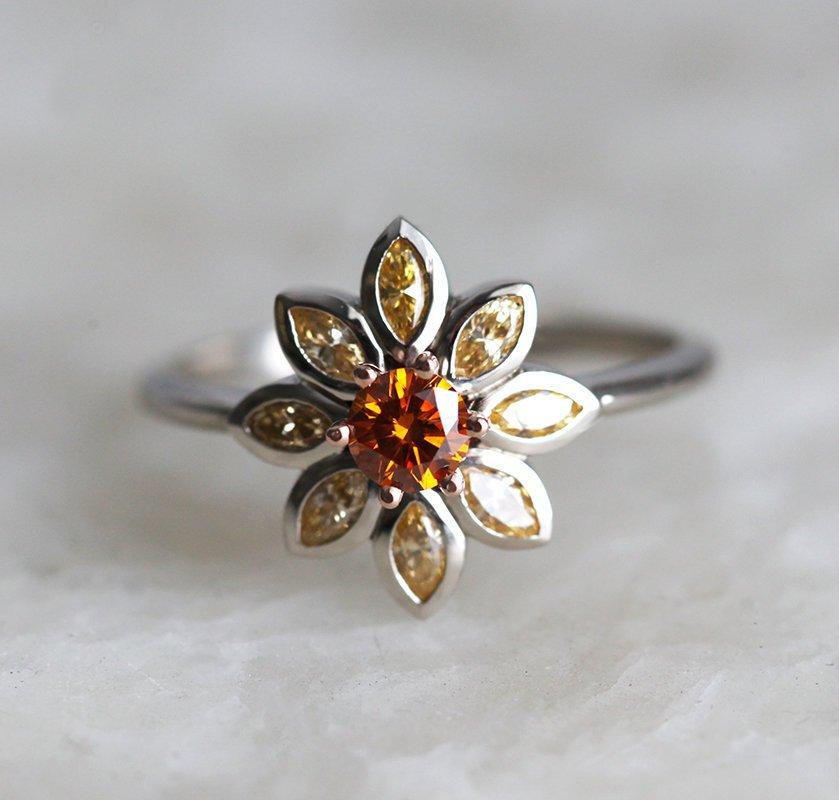 Round Orange Diamond Flower-looking Ring, with Marquise-Cut light orange Diamonds as flower petals