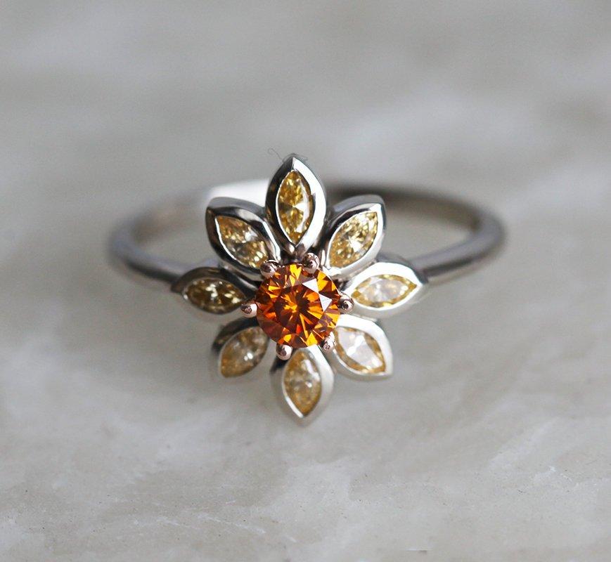 Round Orange Diamond Flower-looking Ring, with Marquise-Cut light orange Diamonds as flower petals