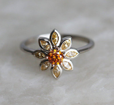 Round Orange Diamond Flower-looking Ring, with Marquise-Cut light orange Diamonds as flower petals