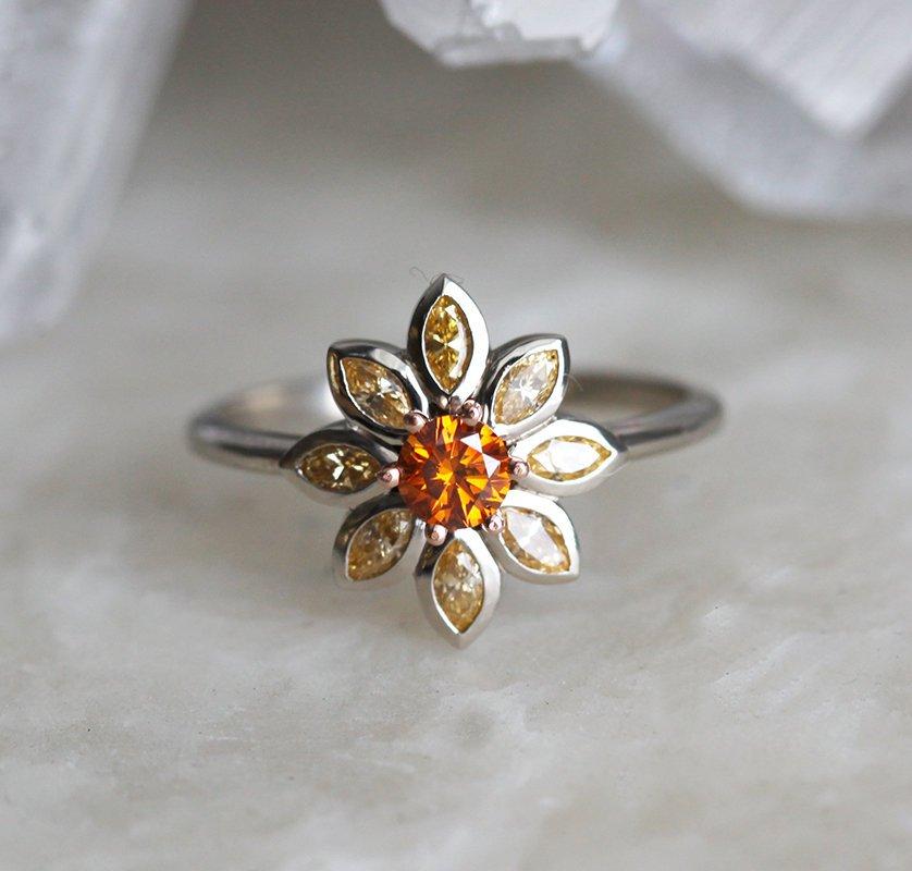 Round Orange Diamond Flower-looking Ring, with Marquise-Cut light orange Diamonds as flower petals