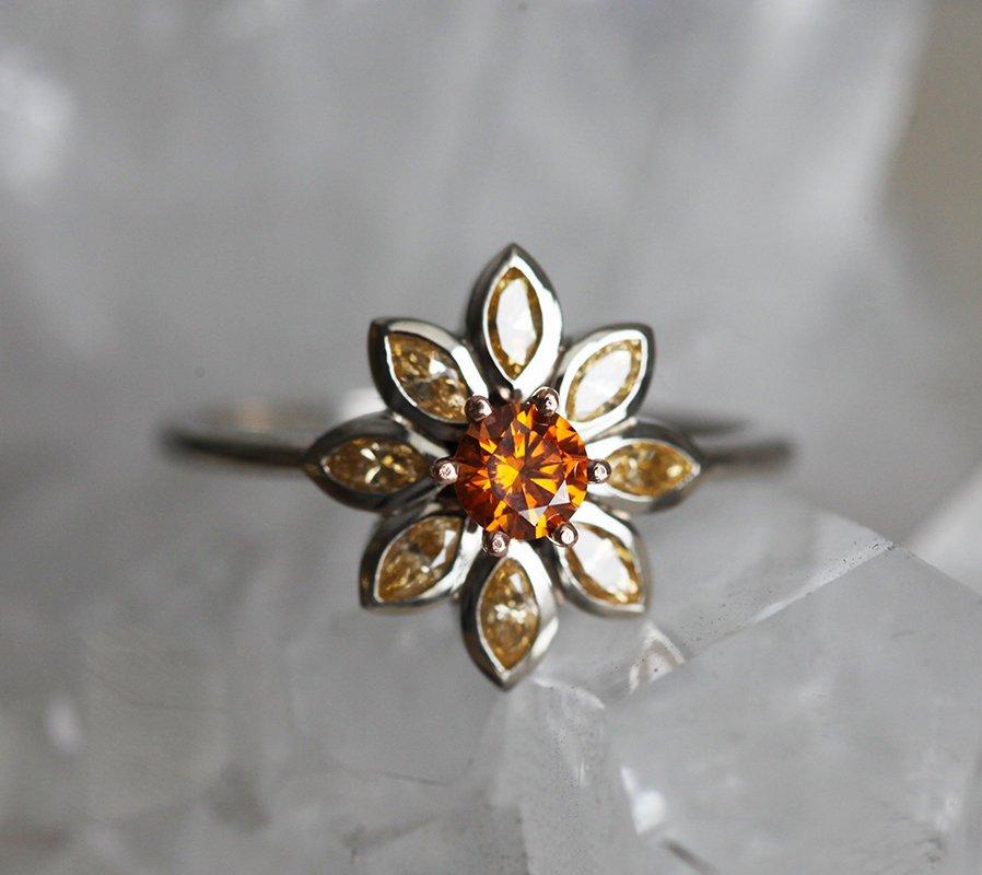 Round Orange Diamond Flower-looking Ring, with Marquise-Cut light orange Diamonds as flower petals