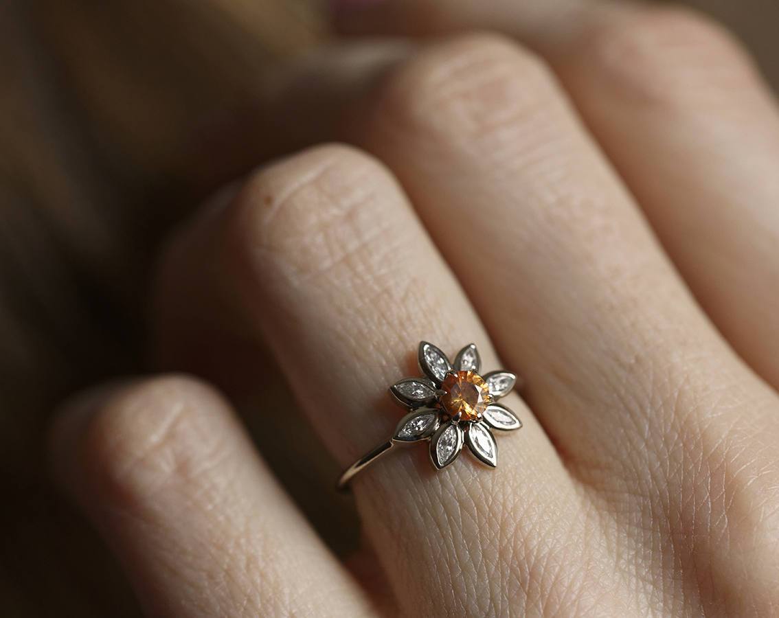 Round Orange Diamond Flower-looking Ring, with Marquise-Cut light orange Diamonds as flower petals