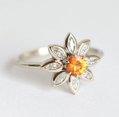 Round Orange Diamond Flower-looking Ring, with Marquise-Cut light orange Diamonds as flower petals