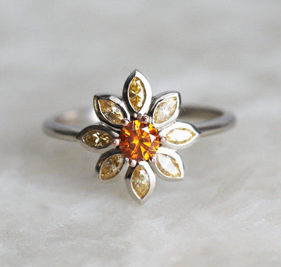 Round Orange Diamond Flower-looking Ring, with Marquise-Cut light orange Diamonds as flower petals