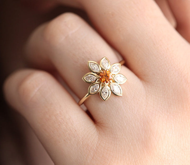 Katy Ruby and Sapphire Engagement Flower Ring Capucinne