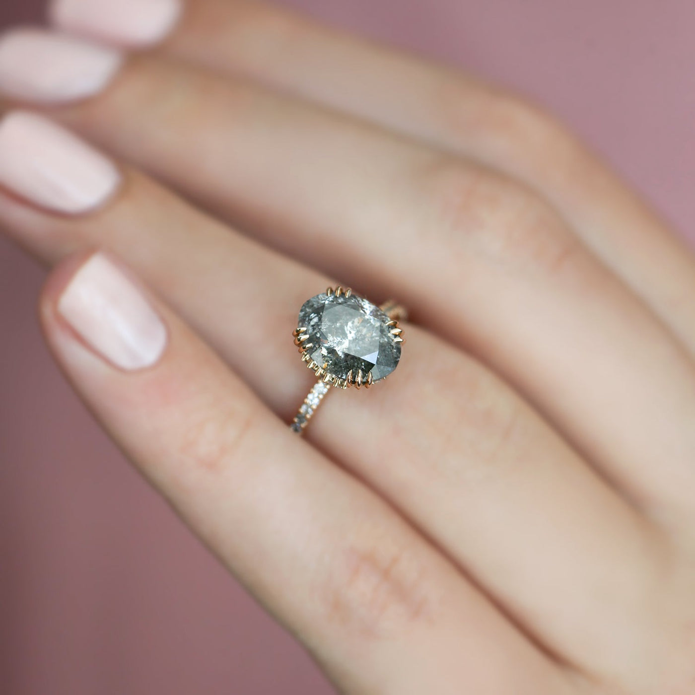 Oval Salt & Pepper Diamond Ring with Side White, Black and Salt & Pepper Diamonds