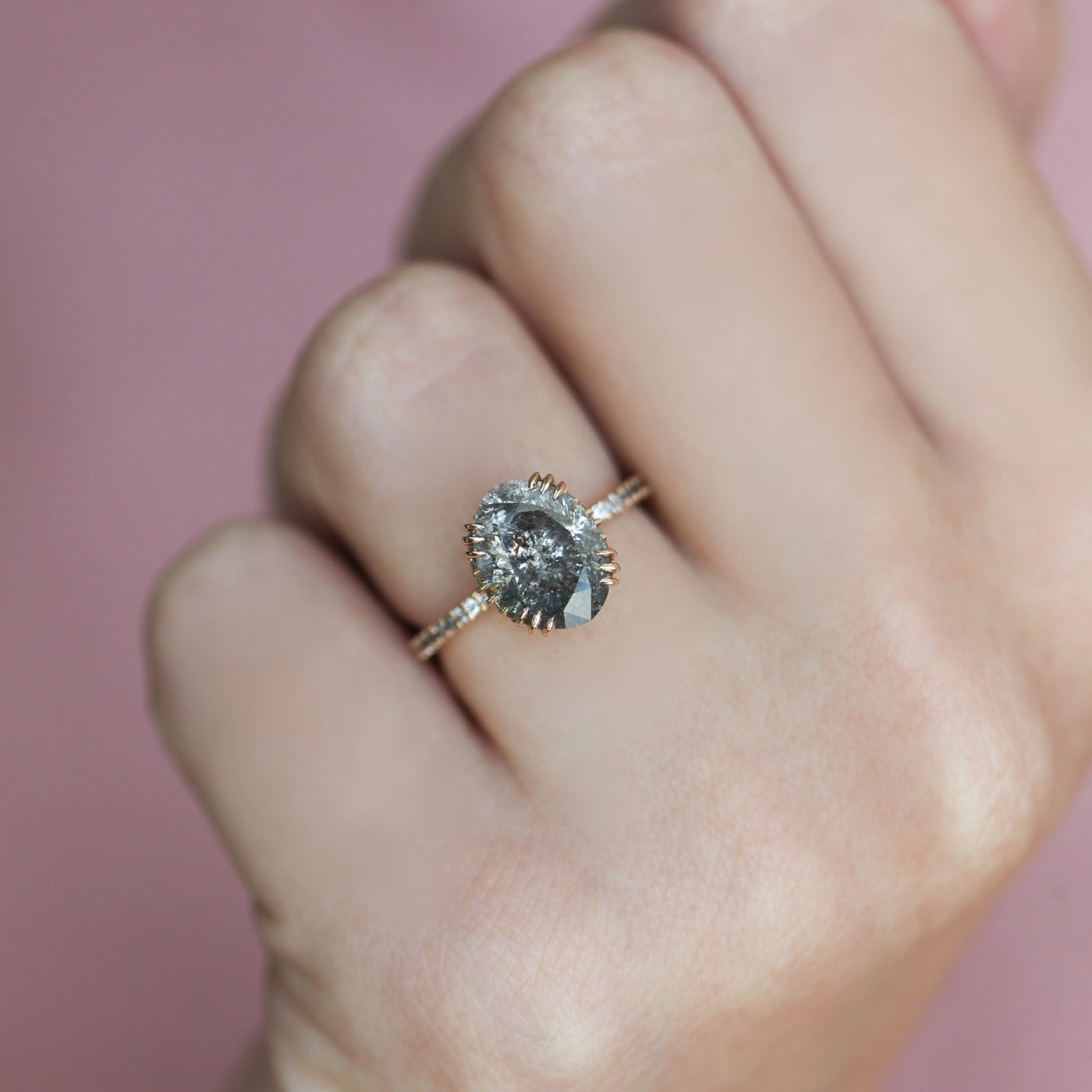 Oval Salt & Pepper Diamond Ring with Side White, Black and Salt & Pepper Diamonds