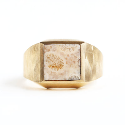 Unique signet ring with fossilized coral and a stylish design.