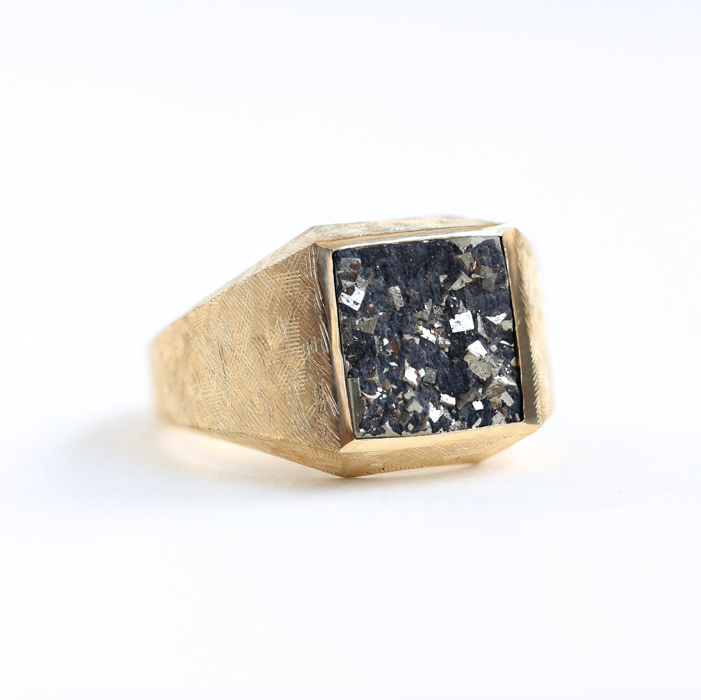 Pyrite crystal signet ring in 14k gold, customizable gemstone options available.