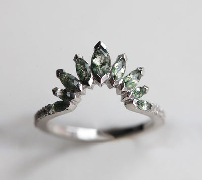 Marquise-Cut Moss Agate Ring Set and White Diamonds
