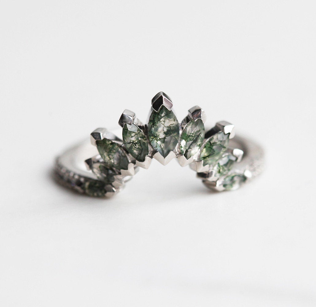 Marquise-Cut Moss Agate Ring Set and White Diamonds