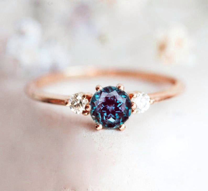 Teal Round Alexandrite, Rose Gold Ring with 2 Side Round White Diamonds