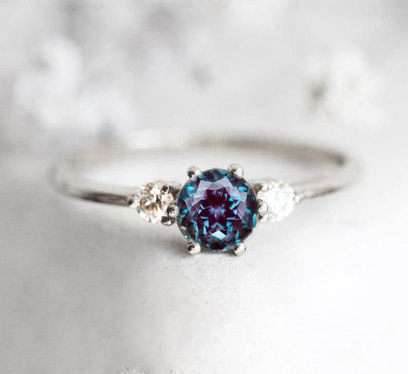 Teal Round Alexandrite, White Gold Ring with 2 Side Round White Diamonds