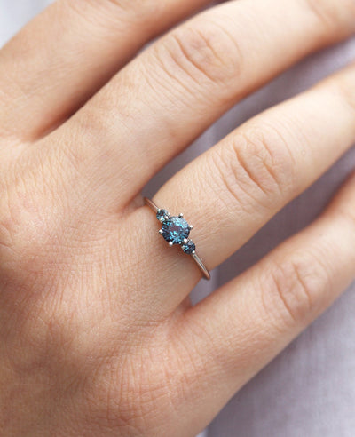 Teal Round Alexandrite Ring with 2 Side Round Alexandrites