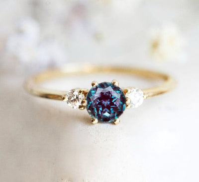 Teal Round Alexandrite, Yellow Gold Ring with 2 Side Round Alexandrites 