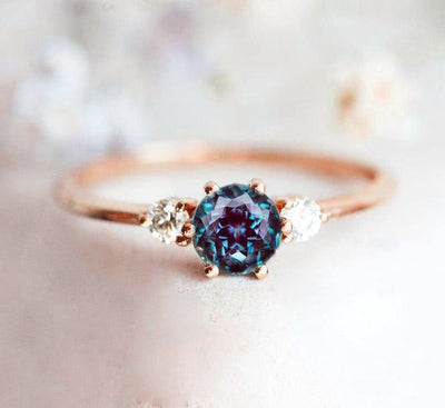 Teal Round Alexandrite, Rose Gold Ring with 2 Side Round Alexandrites 