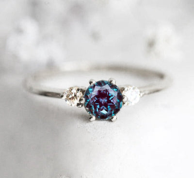 Teal Round Alexandrite, White Gold Ring with 2 Side Round Alexandrites 