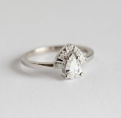 Pear White Diamond Engagement Ring with Curved Band