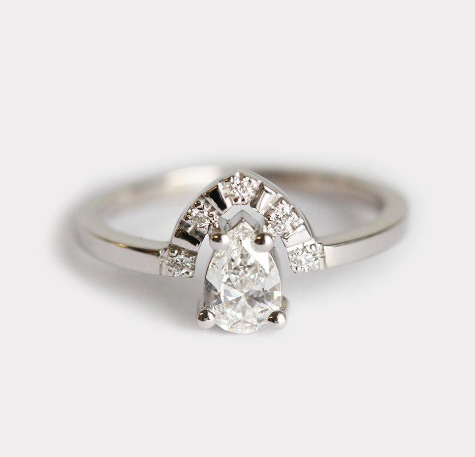 Pear White Diamond Engagement Ring with Curved Band