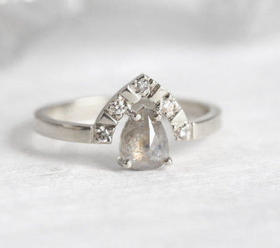 Pear Salt & Pepper Diamond, Platinum Ring with 5 Side Round White Diamonds