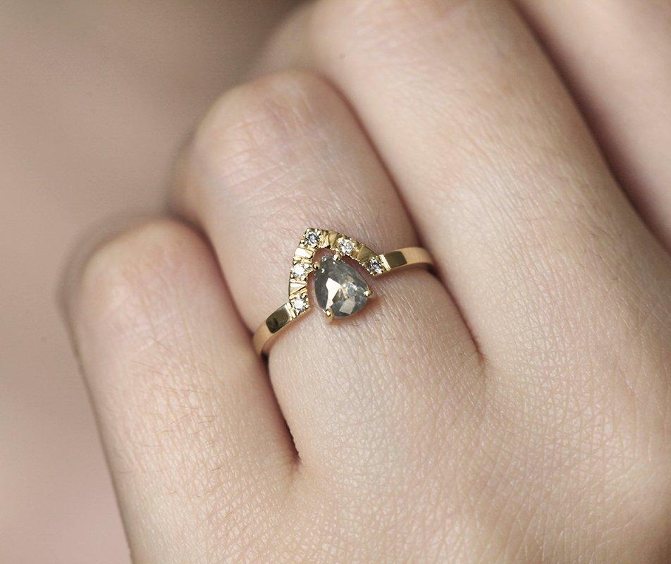 Pear Salt & Pepper Diamond Ring with 5 Side Round White Diamonds