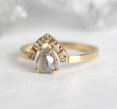 Pear Salt & Pepper Diamond Ring with 5 Side Round White Diamonds