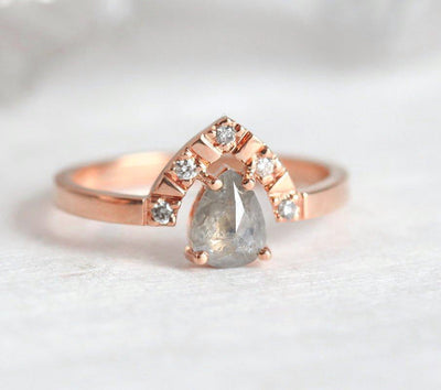Pear Salt & Pepper Diamond, Rose Gold Ring with 5 Side Round White Diamonds