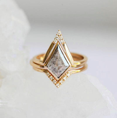 Kite Salt & Pepper Diamond, Yellow Gold Ring Set with Side White Round Diamonds