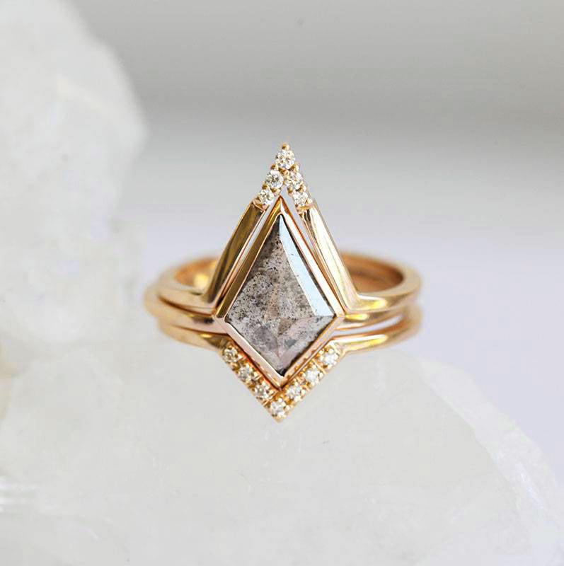 Kite Salt & Pepper Diamond, Yellow Gold Ring Set with Side White Round Diamonds