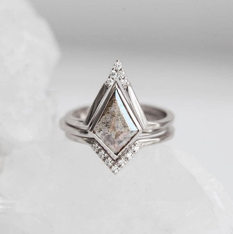 Kite Salt & Pepper Diamond, Platinum  Ring Set with Side White Round Diamonds