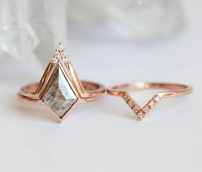 Kite Salt & Pepper Diamond, Rose Gold Ring Set with Side White Round Diamonds