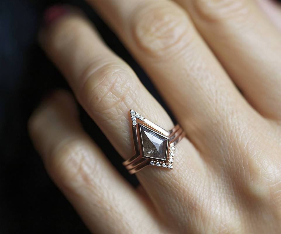 Kite Salt & Pepper Diamond, Rose Gold Ring Set with Side White Round Diamonds